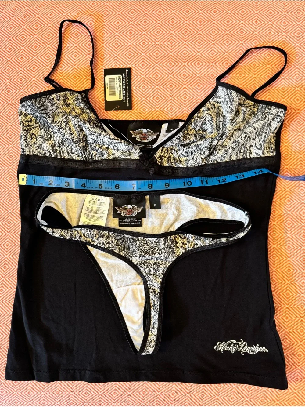 Harley-Davidson Black and cream Lace print, black Trim Bralette &  thong Set. - Picture 6 of 8
